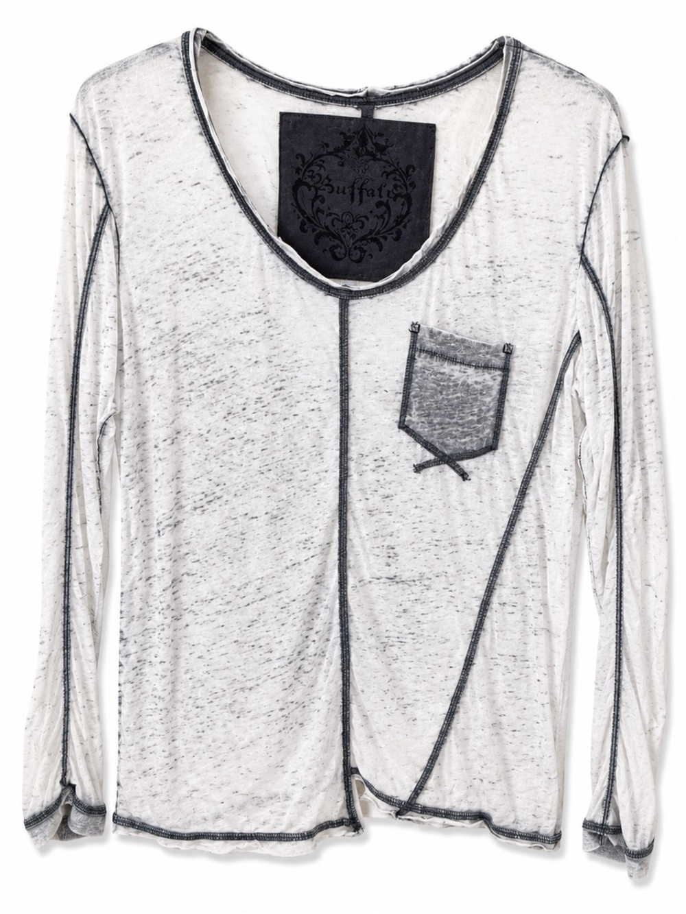 Buffalo David Bitton White Long-Sleeve Scoop Neck Top with Dark Trim - L - GUC